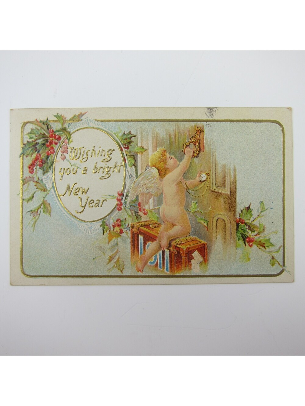 Postcard New Year Cherub Angel Watch Knock Door Holly Gold Embossed Antique 1910